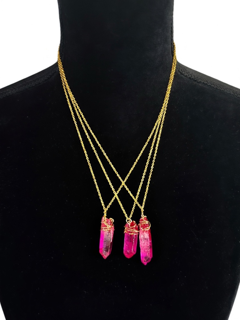 Hot Pink Crystal Point Necklace • Gold Wire-Wrapped Pendant •